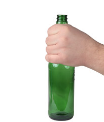 pusta zielona butelka po piwie trzymana w dłoni - obrazy, fototapety, plakaty