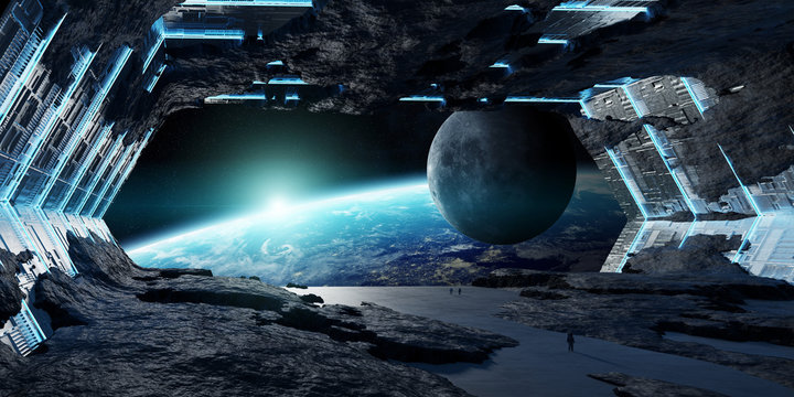 Huge asteroid spaceship interior 3D rendering elements of this image furnished by NASA