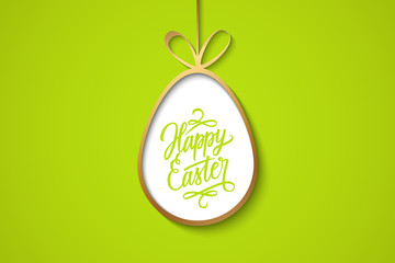 Easter celebrate banner with golden easter egg and handwritten holiday wishes of a Happy Easter on green background. Vector illustration.