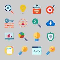 Icons about Seo with key, coding, shield, idea, analytics and download