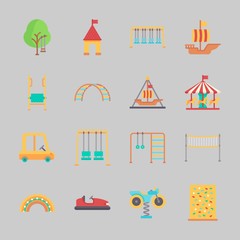 Icons about Amusement Park with climbing, fun, horse carousel, bumber car, motor swing and amusement park