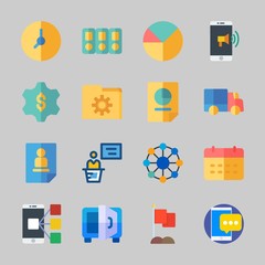 Icons about Business with flag, stats, delivery truck, clock, safebox and folder