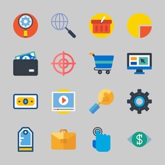 Icons about Commerce with shopping basket, settings, wallet, vision, money and shopping chart