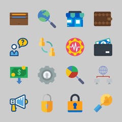 Icons about Commerce with search, megaphone, network, user, wallet and padlock