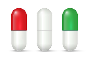 Red, white and green capsule pills isolated on white background. Vector illustration.
