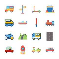 icon Transportation with motorbike, scooter, rocket, locomotive and boat