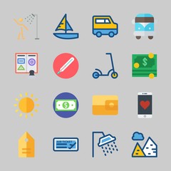 Icons about Travel with tag, pyramids, money, smartphone, sun and passport