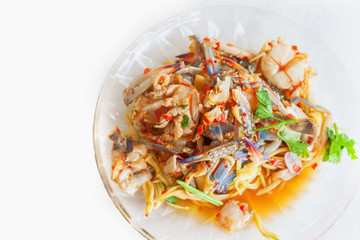 Papaya salad and fresh blue crab in dish , Thai food