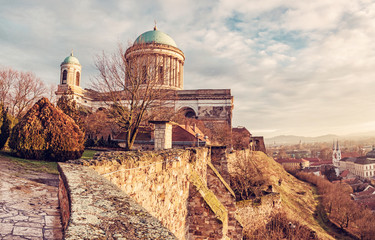 Beautiful basilica in Esztergom et sunset, yellow filter
