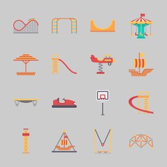 Icons about Amusement Park with sunshade, roller coaster, carousel, pirate ship ride , jumping flore and basketball
