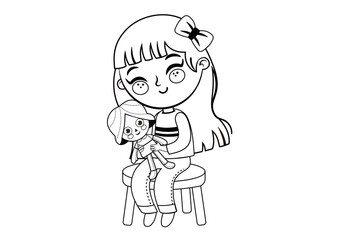 Coloring Page Activity with a Little Girl (Vector illustration)