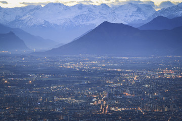 Turin aerial view with the Alps