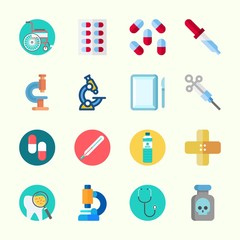 Icons about Medical with stethoscope, pipette, pill, poison, water and band aid