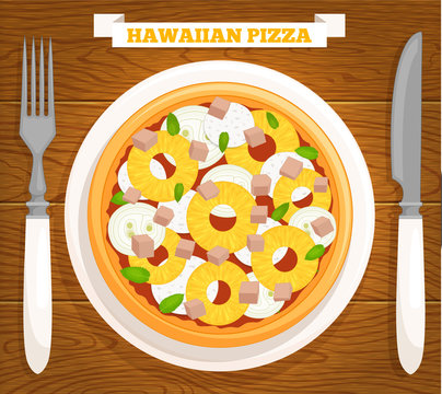 Hawaiian pizza with pineapple on a plate. Vector illustration. Served pizza top view.