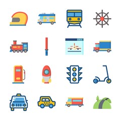 Fototapeta na wymiar icon Transportation with rudder, traffic light, taxi, locomotive and plane