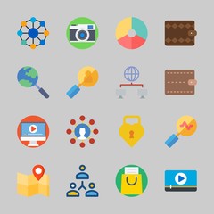 Icons about Commerce with photo camera, search, wallet, padlock, map and user