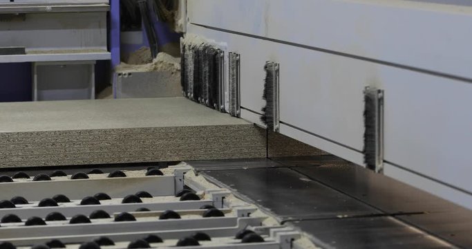 Industrial interior, furniture factory, furniture manufacturing, Format machine for cutting chipboard, MDF, process of chipboard cutting, automated line, Woodworking Machine