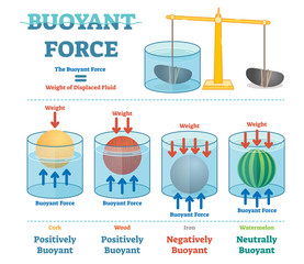 Buoyant force, illustrative educational physics diagram. - obrazy, fototapety, plakaty