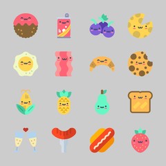 Icons about Food with soda, pear, grapes, corn, toast and hot dog