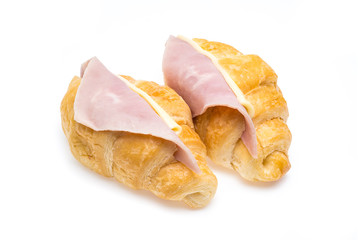 two of croissant bread fill with Ham and Cheese isolated on white background