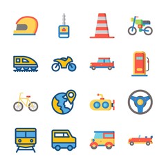 Fototapeta na wymiar icon Transportation with gas station, sport car, plane, bicycle and motorbike