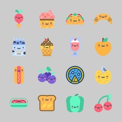 Icons about Food with fortune cookie, peach, bell pepper, taco, cupcake and toast