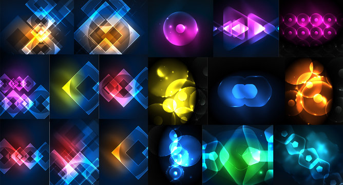 Mega collection of neon abstract shape backgrounds, magic fantastic glowing templates for web or techno digital presetation idea