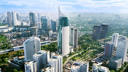Aerial photo of iconic BNI 46 Tower Jakarta Indonesia - obrazy, fototapety, plakaty