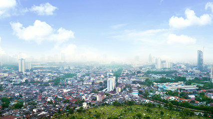 Fototapeta na wymiar Aerial photo of Jakarta residential buildings near ciliwung river in South Jakarta area