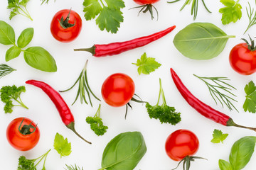 Onion and spices isolated on white background, top view. Wallpaper abstract composition of vegetables.