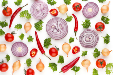 Onion and spices isolated on white background, top view. Wallpaper abstract composition of vegetables.