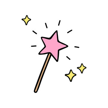 Pink star shaped magic wand with shiny sparkles. Magical wand, stick, doodle hand drawn vector illustration, isolated.