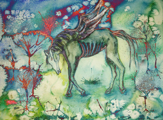 Psychedelic horse in desolated landscape. The dabbing technique near the edges gives a soft focus effect due to the altered surface roughness of the paper.