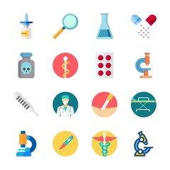 icon Medical with nasal spray, surgeon, thermometer, pill and surgery