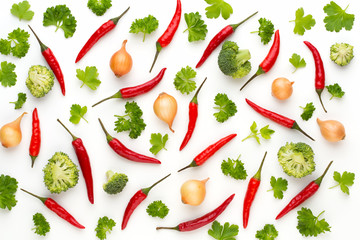 Vegetable and spices isolated on white background, top view. Wallpaper abstract composition of vegetables.