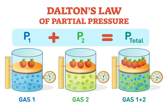 Dalton's law, chemical physics example information poster with partial pressure law.Educational vector illustration.
