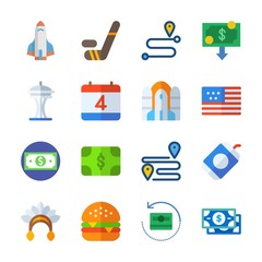 icon United States with rocket ship, route, location, space needle and native american