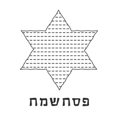 Passover holiday flat design black thin line icons of matzot in star of david shape with text in hebrew