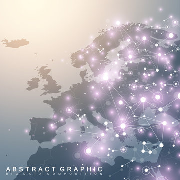Geometric graphic background communication with Europe Map. Big data complex with compounds. Perspective backdrop. Minimal array. Digital data visualization. Scientific cybernetic vector illustration.