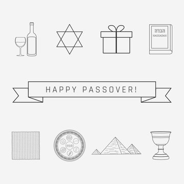 Passover holiday flat design black thin line icons set with text in english