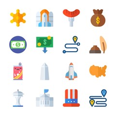 icon United States with washington monument, hot dog, route, white house and location