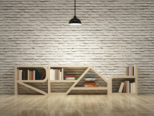 Ceiling lamp with bookcase on wooden floor bricks wall
