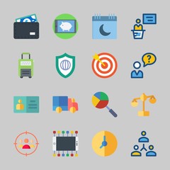 Icons about Business with shield, search, delivery truck, suitcase, balance and clock