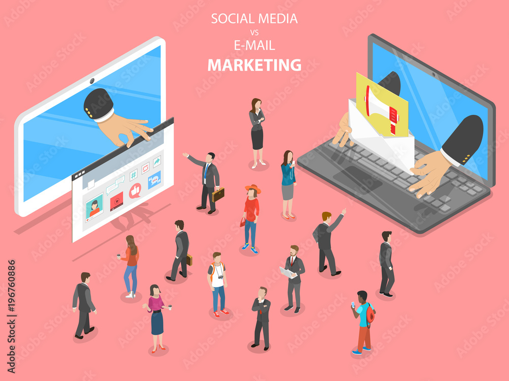 Poster social media vs e-mail marketing flat isometric vector. two devices with different digital marketing