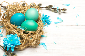 Fototapeta na wymiar Easter background with eggs, nest and catkinson white wooden background, copy space