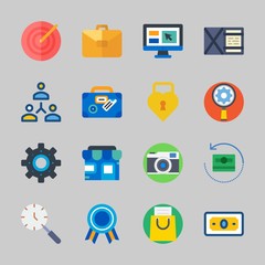 Icons about Commerce with quality, suitcase, target, photo camera, settings and padlock