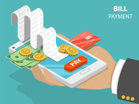 Bill payment flat isometric vector concept of mobile payment, shoping, banking.