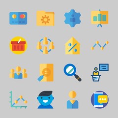 Icons about Business with credit card, shopping basket, percentage, real estate, folder and search