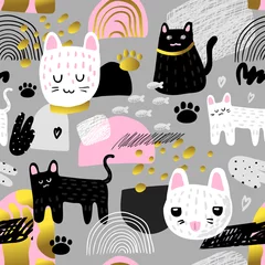  Schattige katten naadloze patroon. Kinderachtige achtergrond met kitten en abstracte elementen. Baby Freehand Design voor stof, textiel, behang, verpakking. vector illustratie © Pavlo Syvak