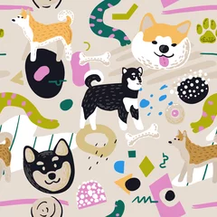 Deurstickers Honden Schattige honden naadloze patroon. Kinderachtige achtergrond met Akita Inu en abstracte elementen. Baby Freehand Doodle voor stof textiel, behang, inwikkeling. vector illustratie